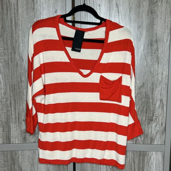 Heather by Bordeaux Top V Neckline Red and Whtie Stripes Size M - Picture 1 of 5